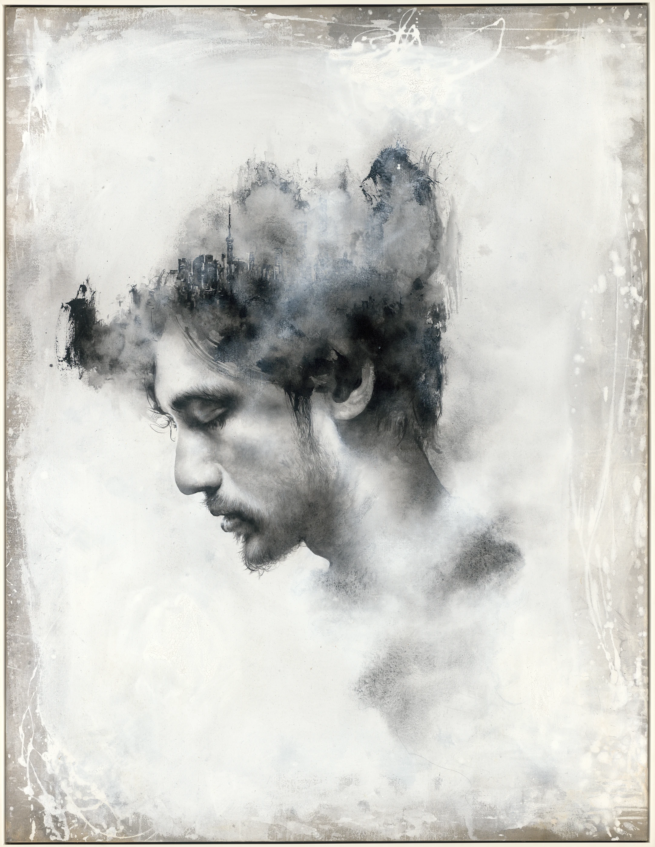Shanghai in the Mist by Lo Chan Peng, Ink & acrylic on calcium carbonate canvas, 2017, 145.5 × 112 cm