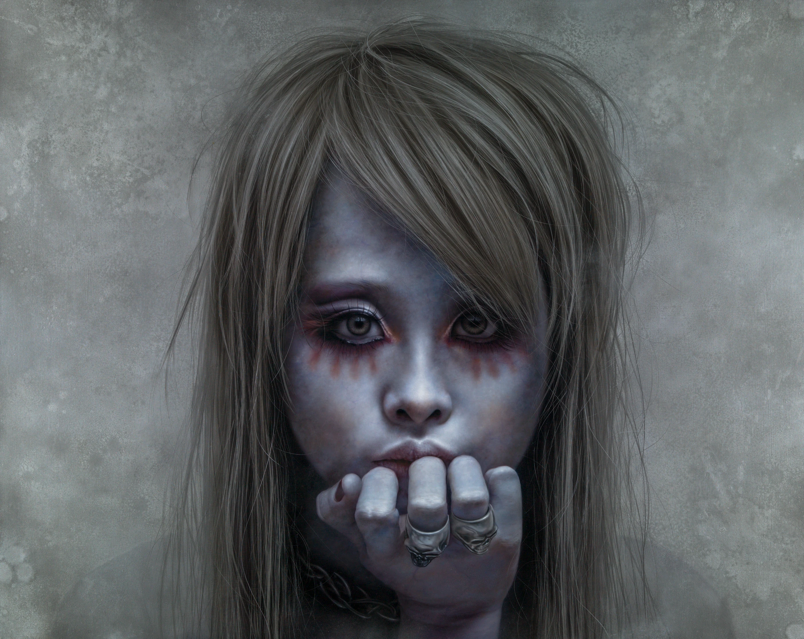 Ashen face 27-Girl with a skull ring2 by Lo Chan Peng, Oil on canvas, 2012, 162 × 130 cm