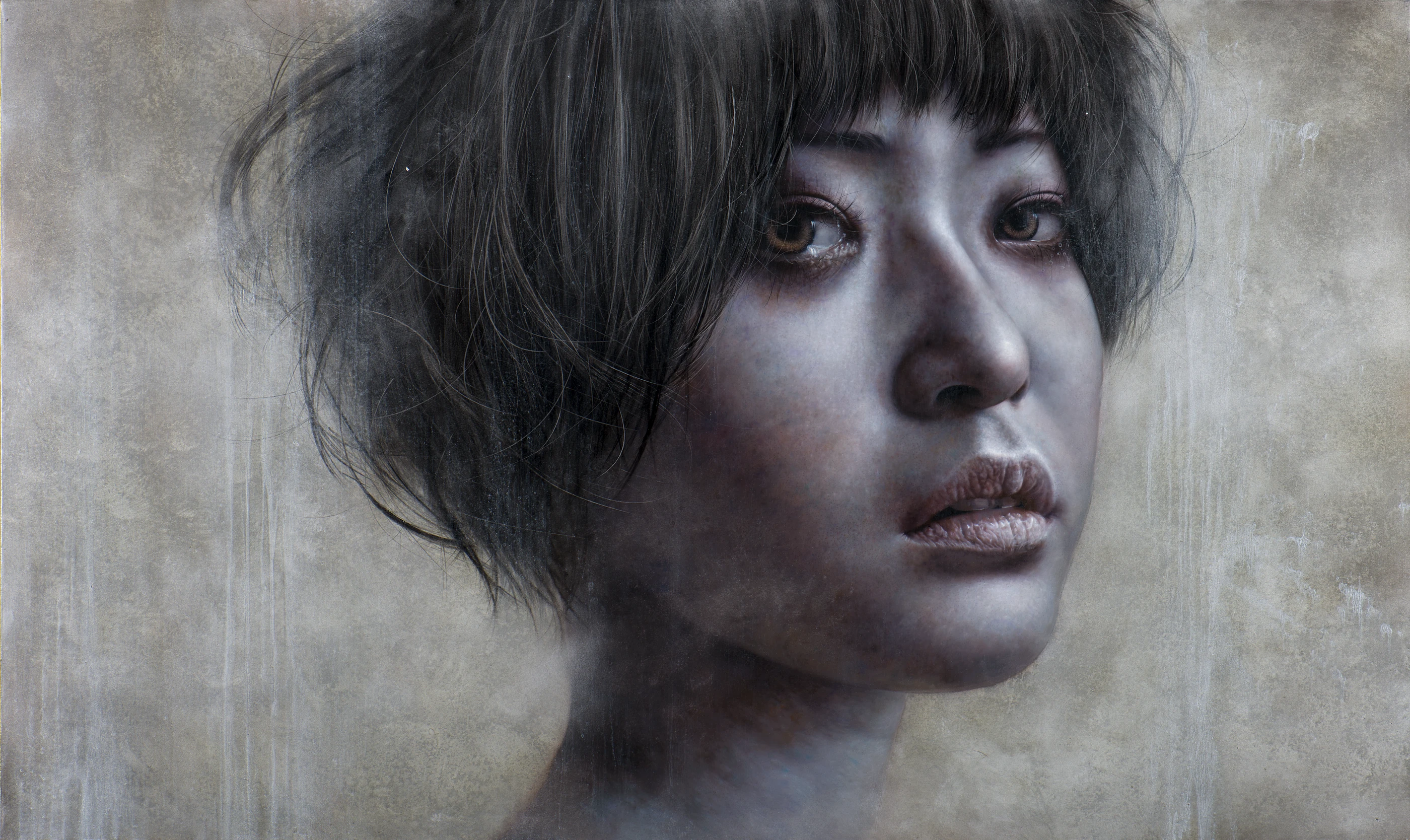 Ashen face The cat-like girl by Lo Chan Peng, Oil on canvas, 2013, 162 × 91 cm