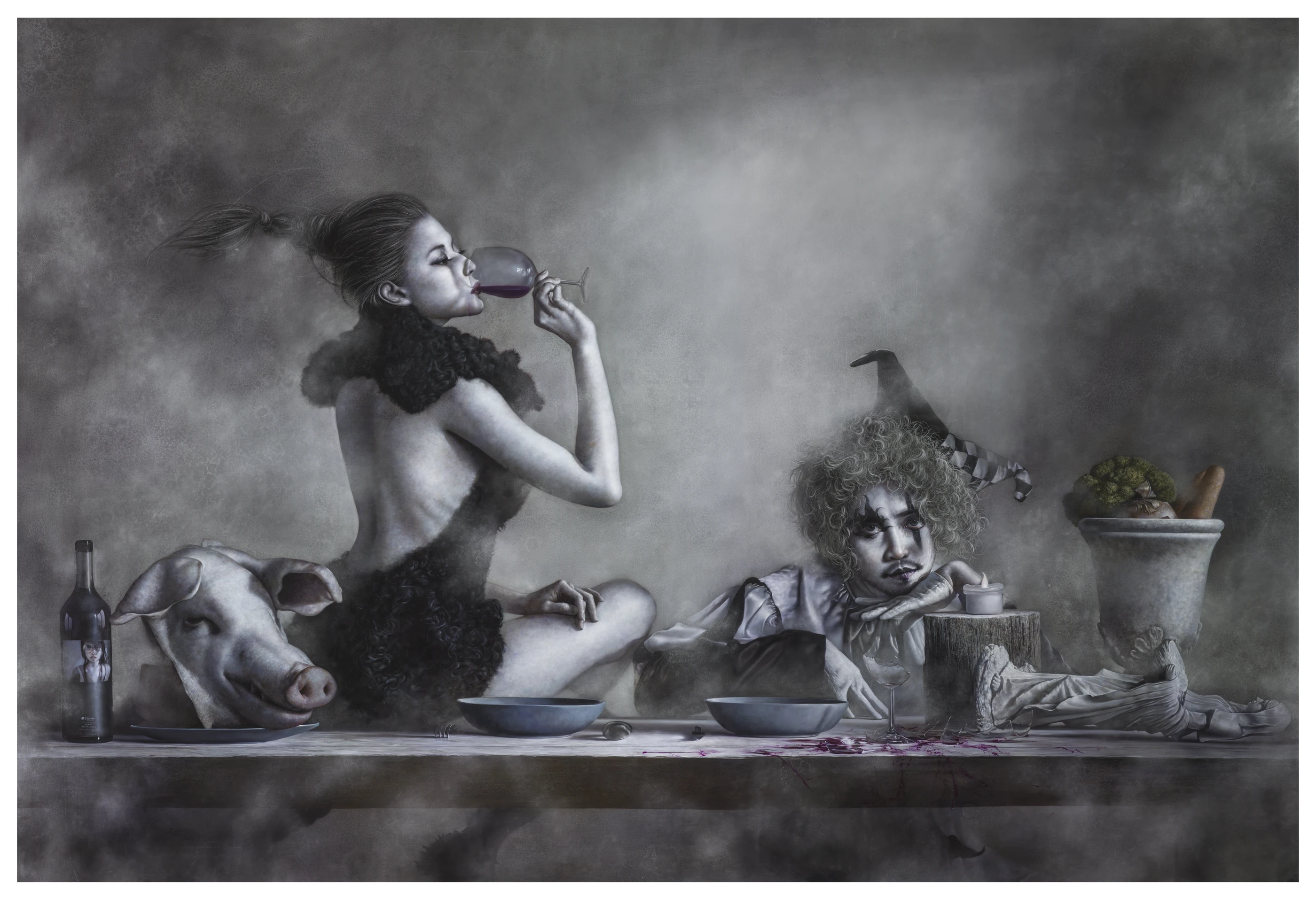 Wanderer in the Mist Dining by Lo Chan Peng, Oil on canvas, 2014, 291 × 218 cm