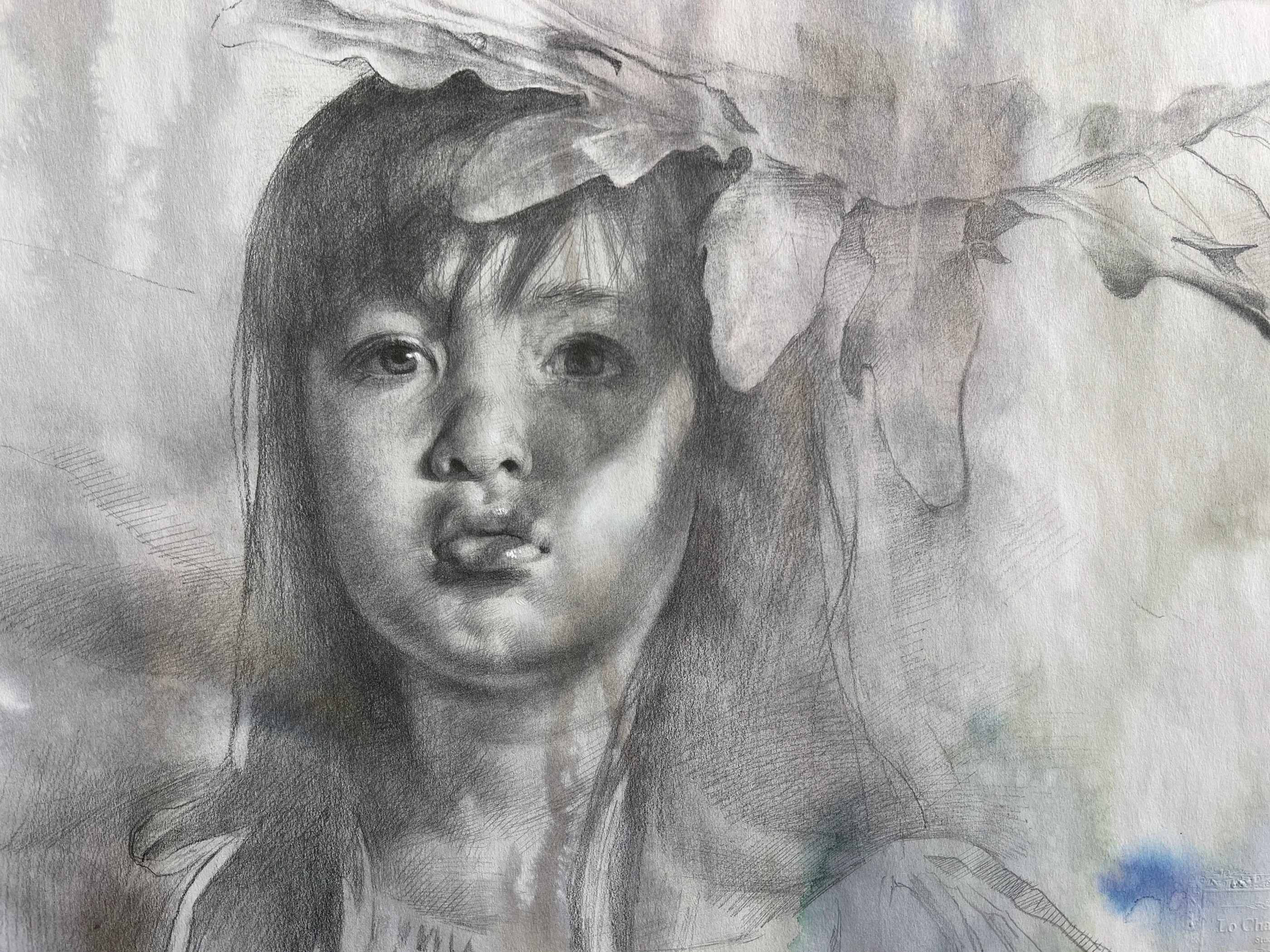 樹下女孩 by Lo Chan Peng, Pencil on paper