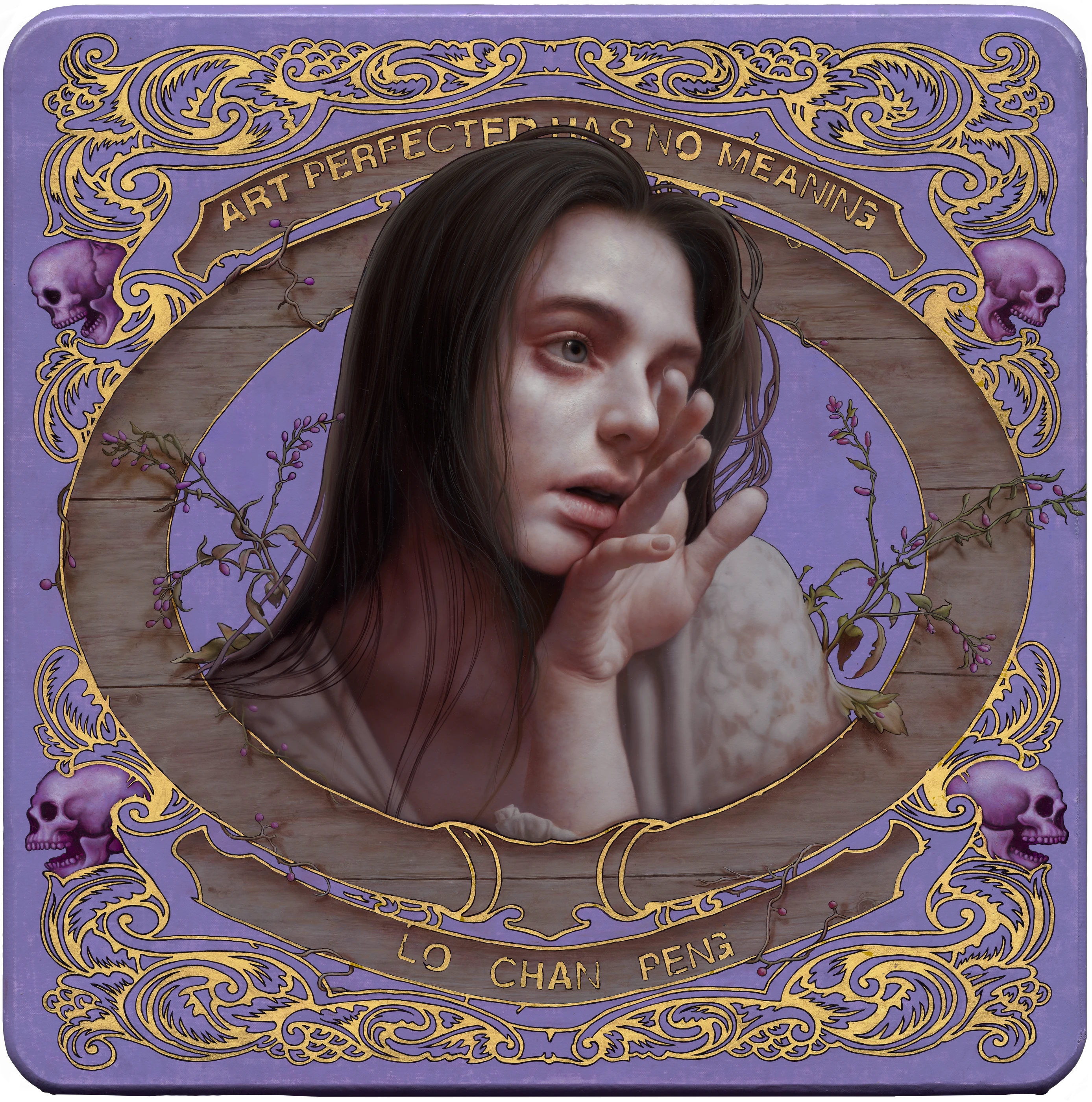 Art, perfected, has no meaning by Lo Chan Peng, Oil on canvas with gold leaf, 2023, 80 × 80 cm