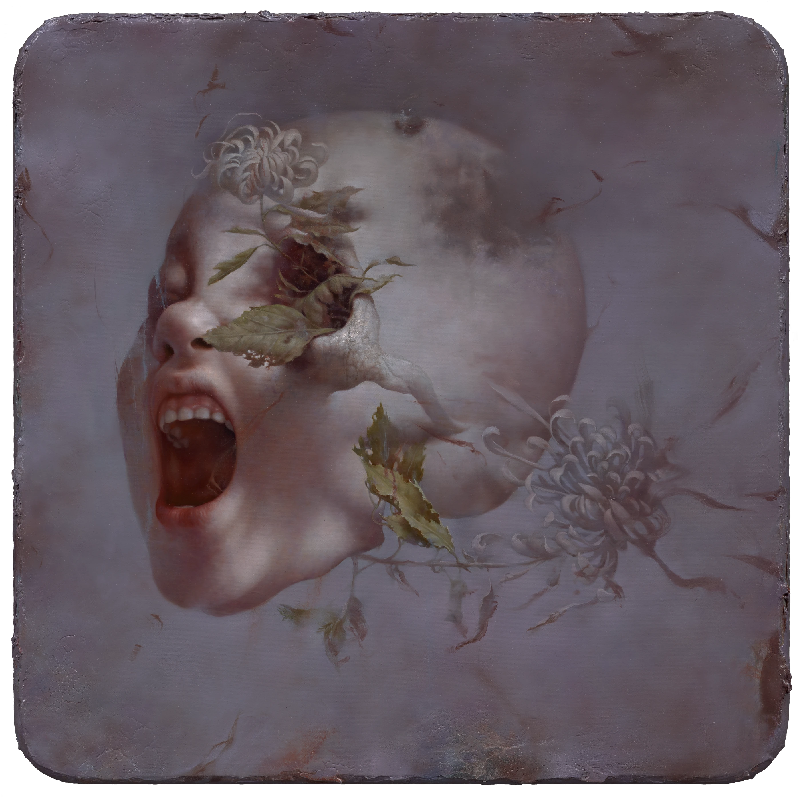 Scream. Bone. Flower by Lo Chan Peng, Oil on canvas, 2023, 60 × 60 cm