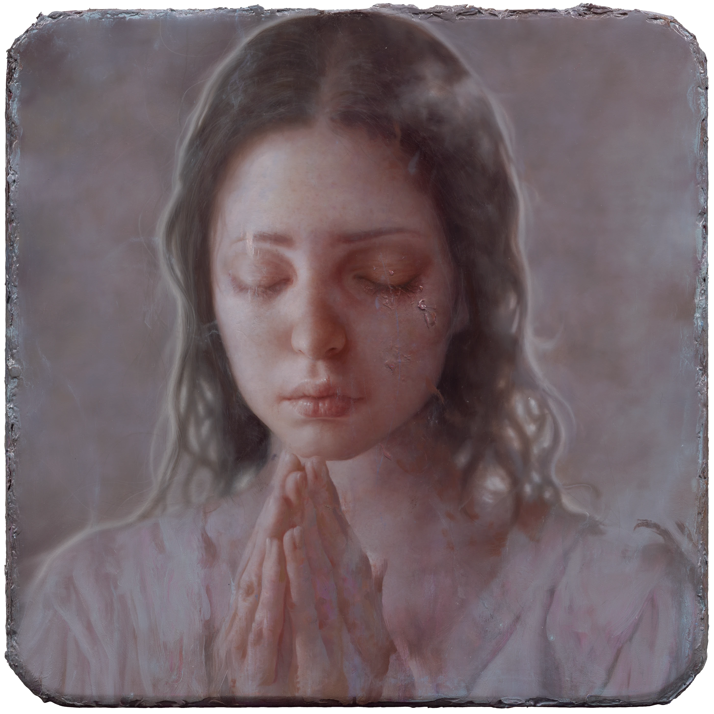 The Sleepless Prayer by Lo Chan Peng, Oil on canvas, 2024, 50 × 50 cm