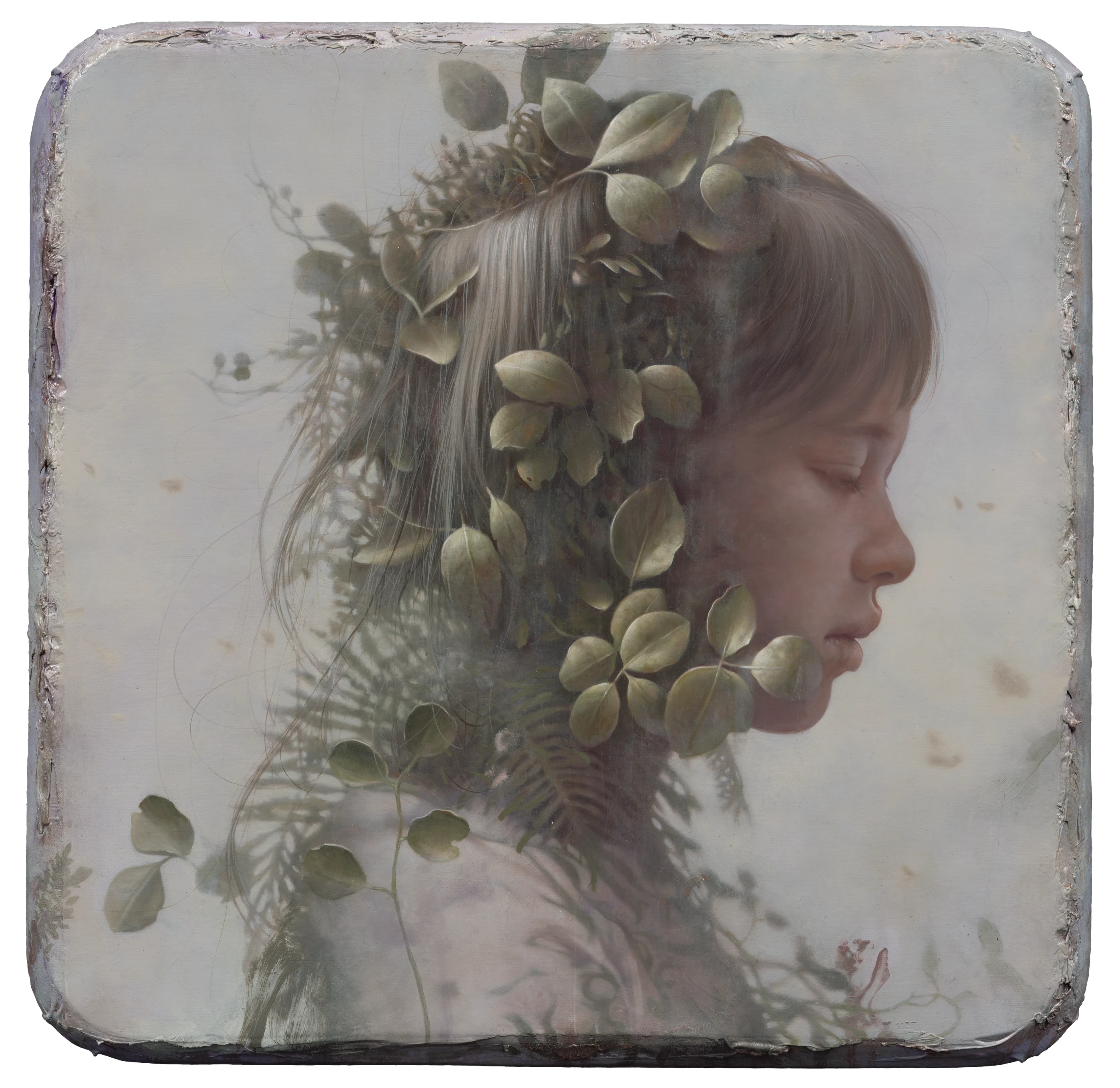 The girl who remained still for a hundred years II by Lo Chan Peng, Oil on canvas, 2024, 50 × 50 cm