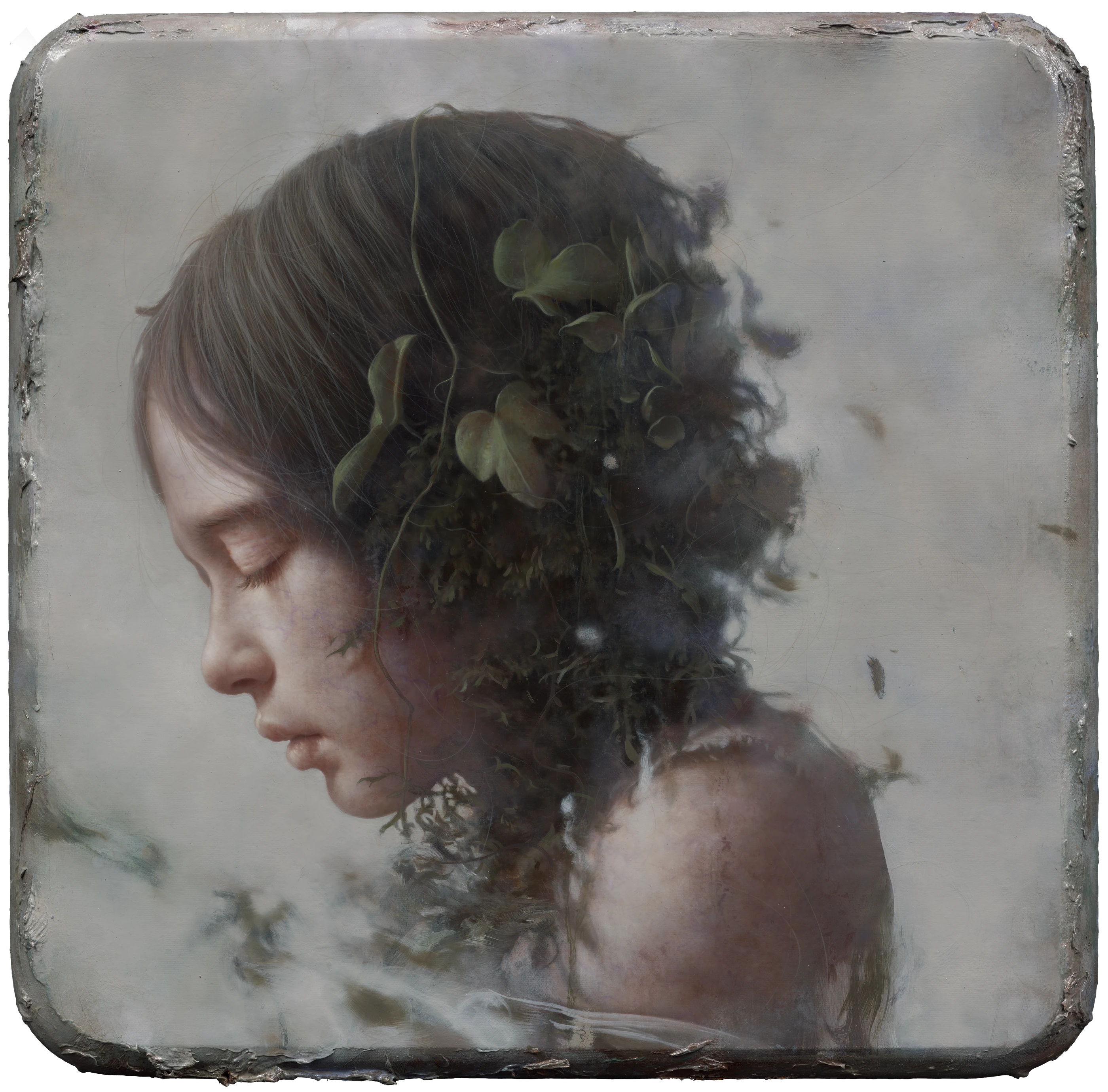The girl who remained still for a hundred years III by Lo Chan Peng, Oil on canvas, 2024, 50 × 50 cm