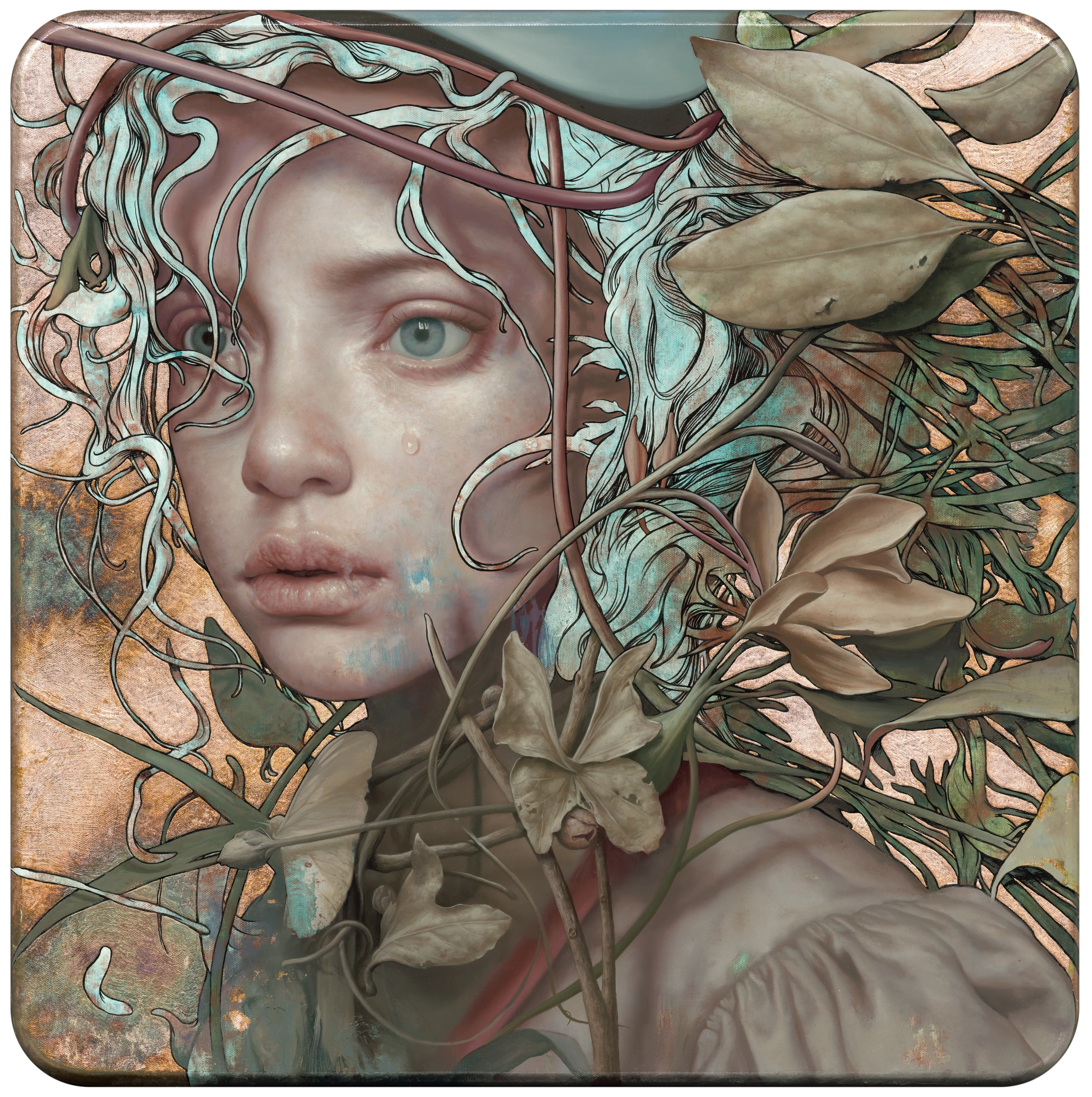 The boy who remained still for a hundred years by Lo Chan Peng, Oil on canvas with silver leaf, 2026, 70 × 70 cm